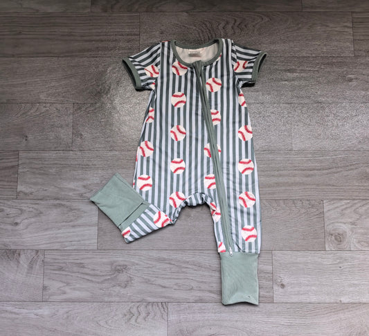Baby Boys Blue Stripe Baseballs Team Two Way Zip Convertible Rompers Preorder
