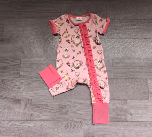Baby Girls Flowers Rabbits Easter Two Way Ruffle Zip Convertible Rompers Preorder