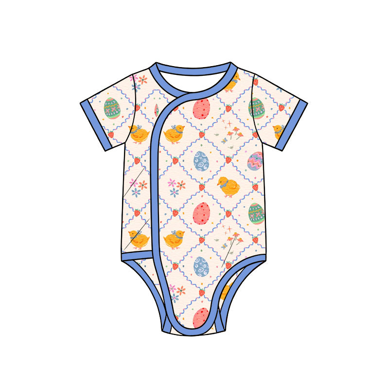 Preorder moq 5 Baby Girls Short Sleeve Chicks Eggs Checked Easter Rompers