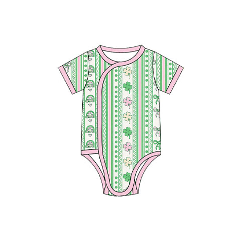 Preorder moq 5 Baby Girls Short Sleeve Clovers Rainbows Stripe St Patrick Rompers