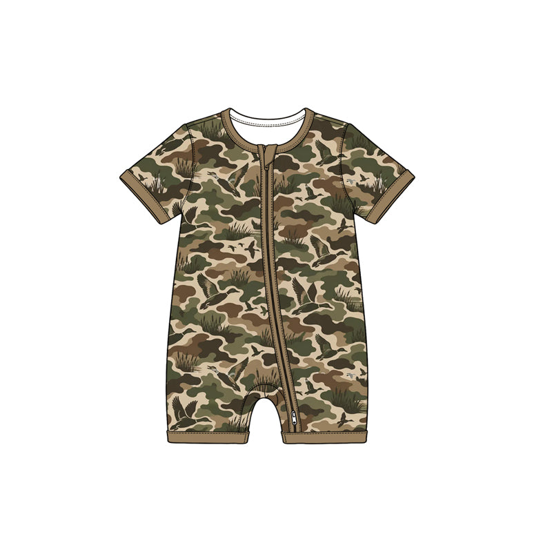 Preorder moq 5 Baby Boys Short Sleeve Ducks Camo Hunting Zip Rompers