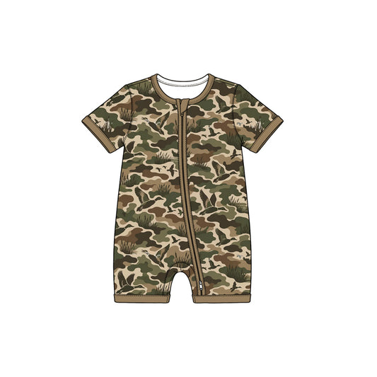 Preorder moq 5 Baby Boys Short Sleeve Ducks Camo Hunting Zip Rompers