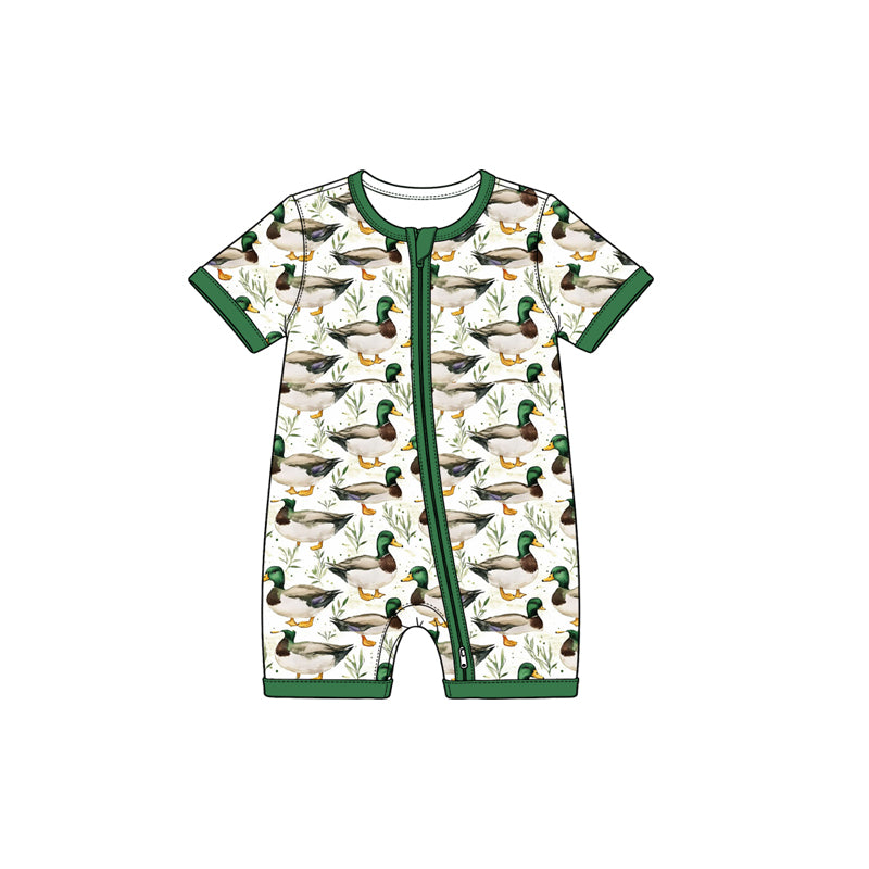 Preorder moq 5 Baby Boys Short Sleeve Ducks Plaid Hunting Zip Rompers