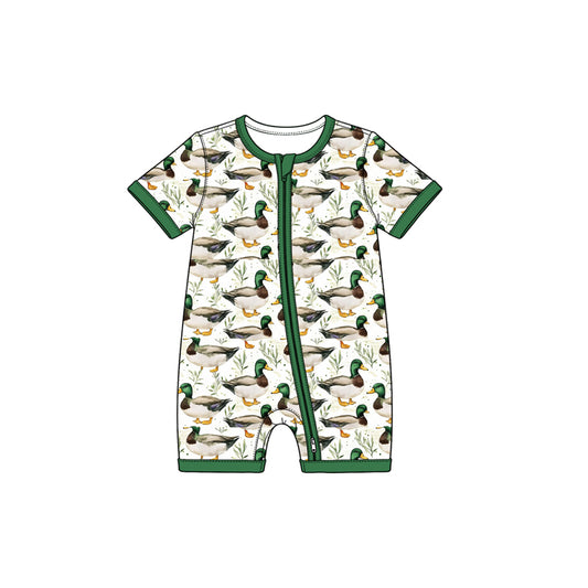 Preorder moq 5 Baby Boys Short Sleeve Ducks Plaid Hunting Zip Rompers