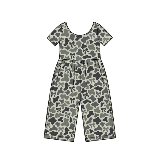 Preorder moq 5 Baby Girls Short Sleeve Grey Bows Camo Pant Jumpsuits
