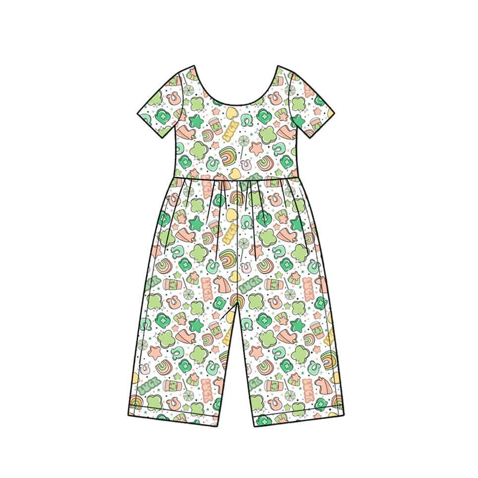 Preorder moq 5 Baby Girls Short Sleeve Clovers Lucky St Patrick Pant Jumpsuits