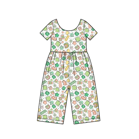 Preorder moq 5 Baby Girls Short Sleeve Clovers Lucky St Patrick Pant Jumpsuits