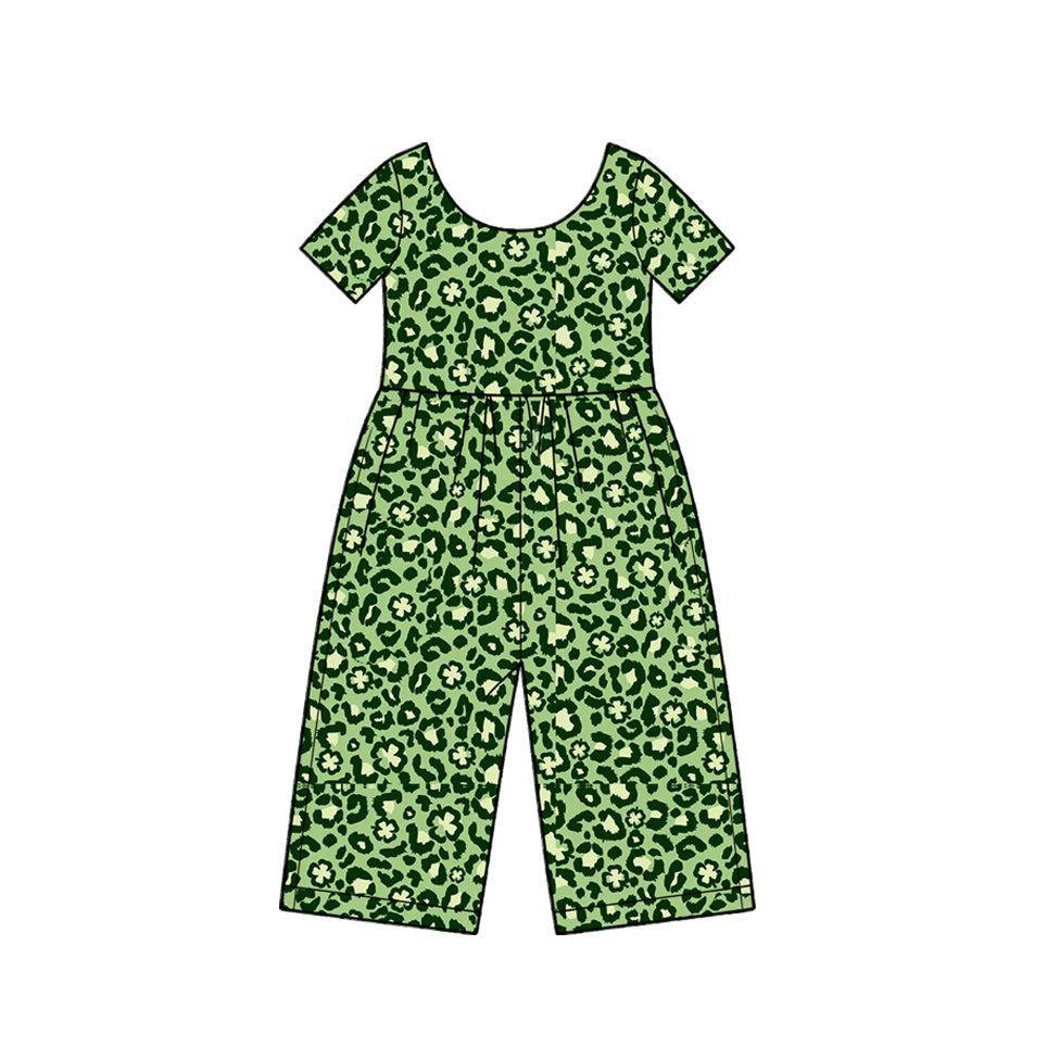 Preorder moq 5 Baby Girls Short Sleeve Clovers Leopard St Patrick Pant Jumpsuits