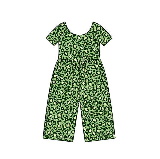 Preorder moq 5 Baby Girls Short Sleeve Clovers Leopard St Patrick Pant Jumpsuits