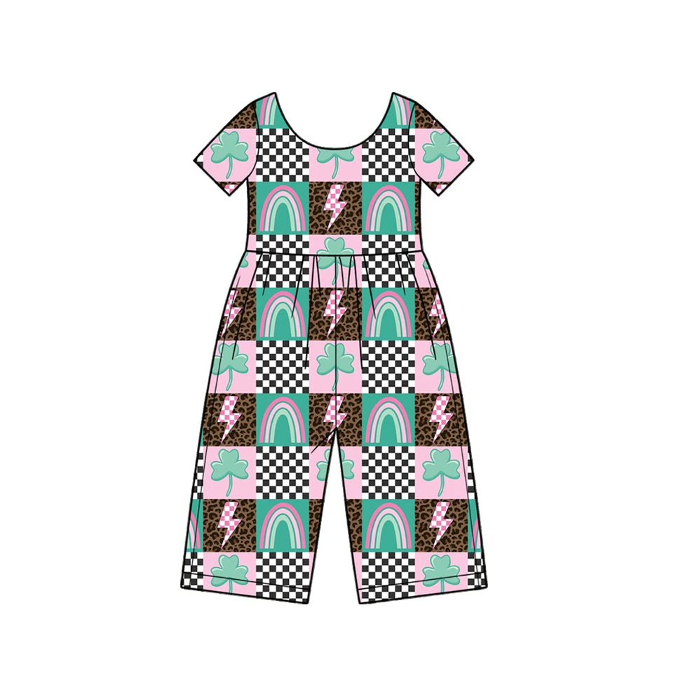 Preorder moq 5 Baby Girls Short Sleeve Clovers Lightningts St Patrick Pant Jumpsuits