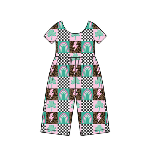 Preorder moq 5 Baby Girls Short Sleeve Clovers Lightningts St Patrick Pant Jumpsuits