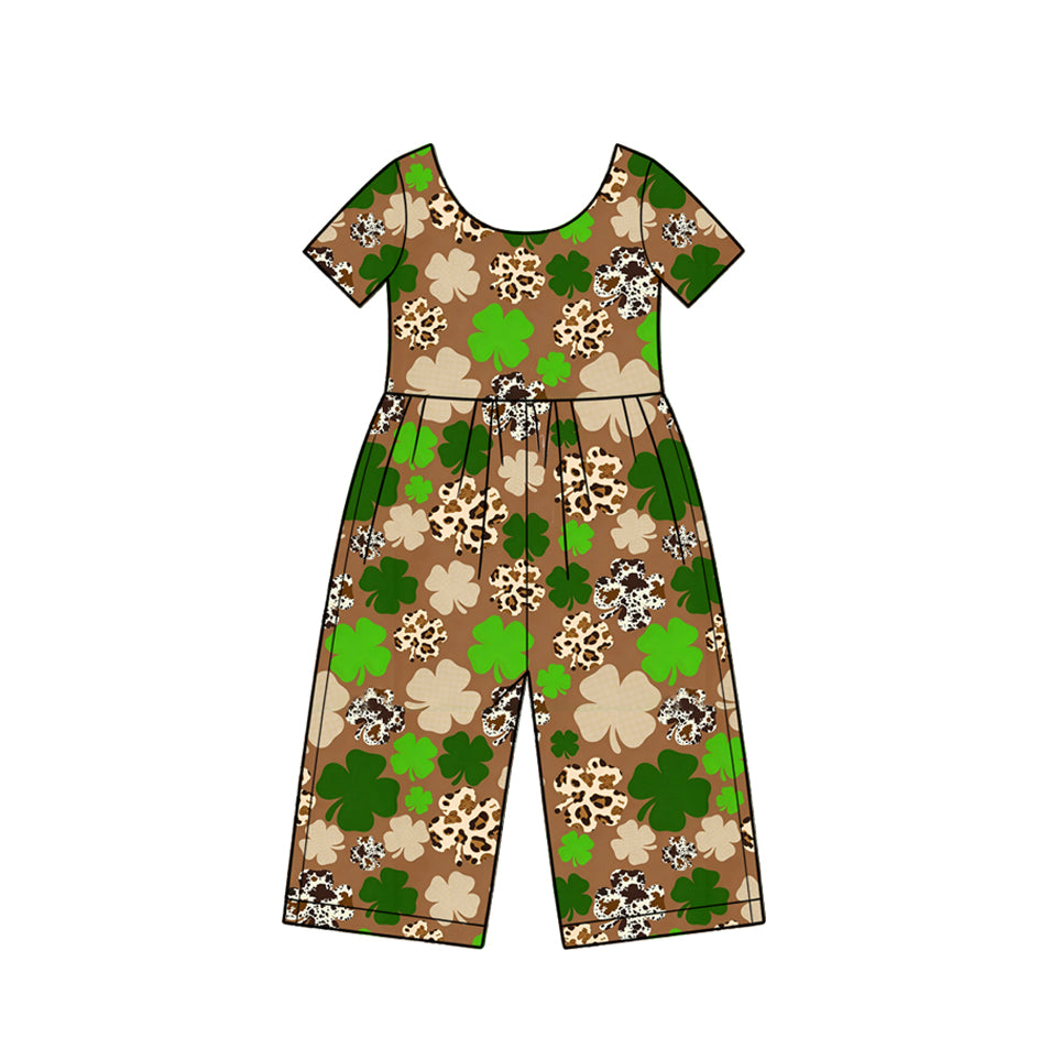Preorder moq 5 Baby Girls Short Sleeve Cow Print Clovers St Patrick Pant Jumpsuits