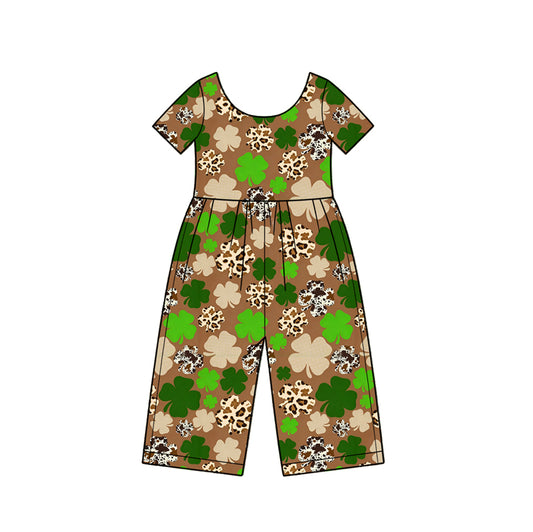 Preorder moq 5 Baby Girls Short Sleeve Cow Print Clovers St Patrick Pant Jumpsuits