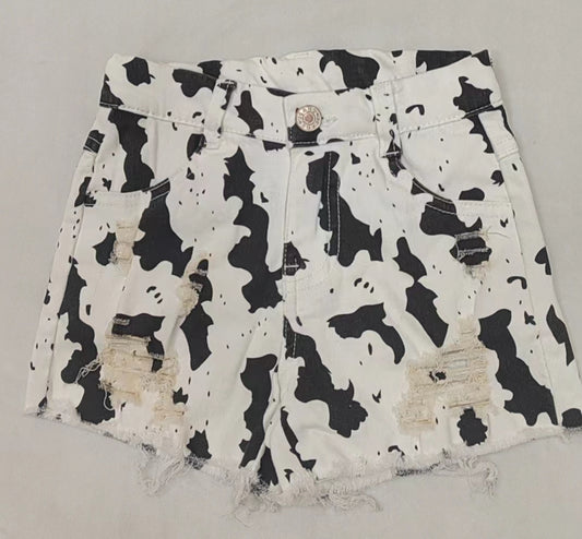 Baby Girls Black White Cow Distressed Denim Shorts preorder