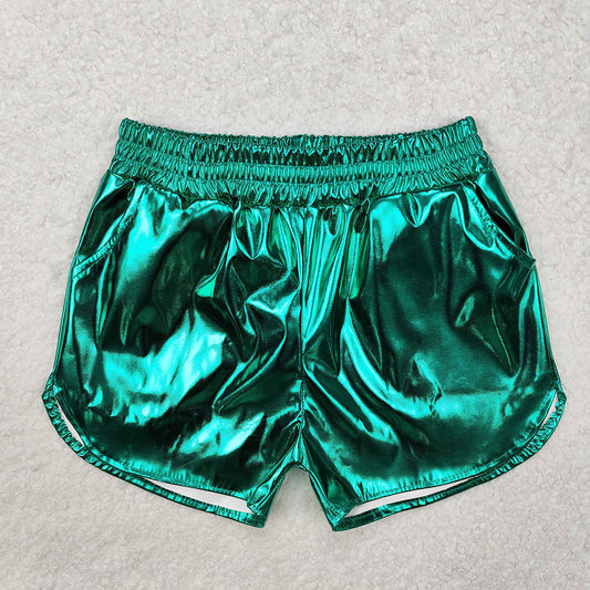 Baby Girls Metallic Green Pocket Leather Elastic Bottom Shorts