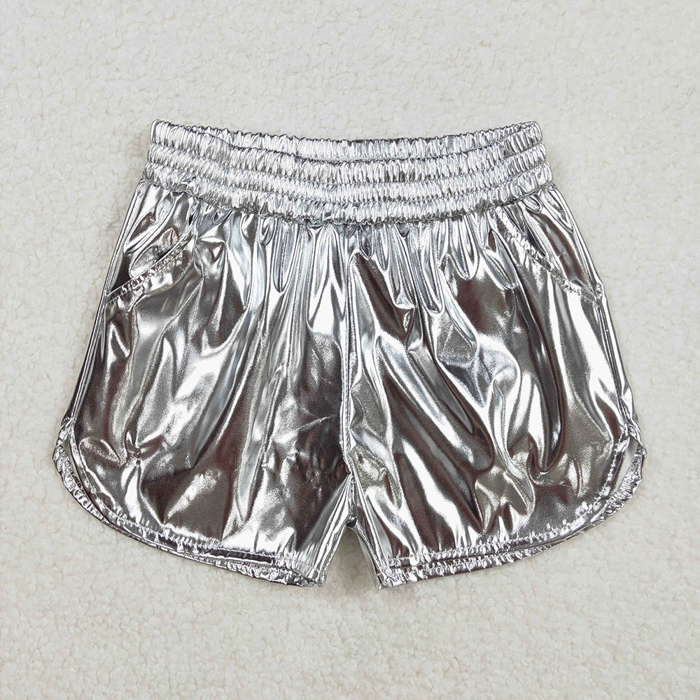 Baby Girls Silver Pocket Leather Elastic Bottom Shorts