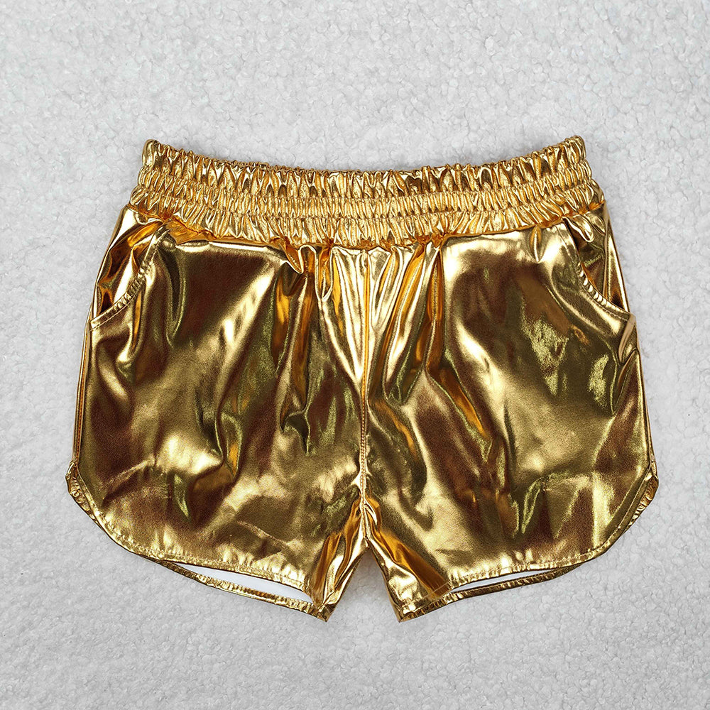 Baby Girls Metallic Golden Pocket Leather Elastic Bottom Shorts