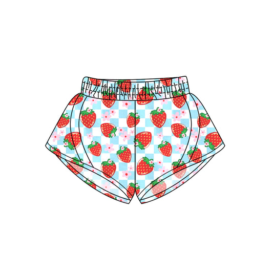 Baby Girls Blue Plaid Strawberry Flowers Yoga Shorts Bottoms Preorder