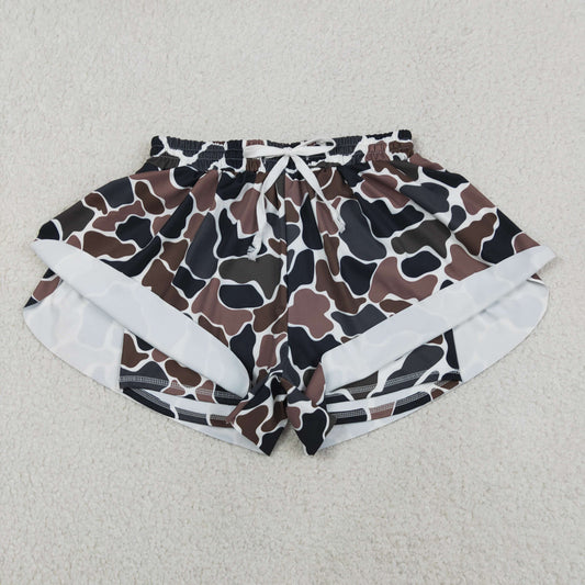 Adult Women Dark Brown Camo Yoga Active Shorts Ruffle Bottom