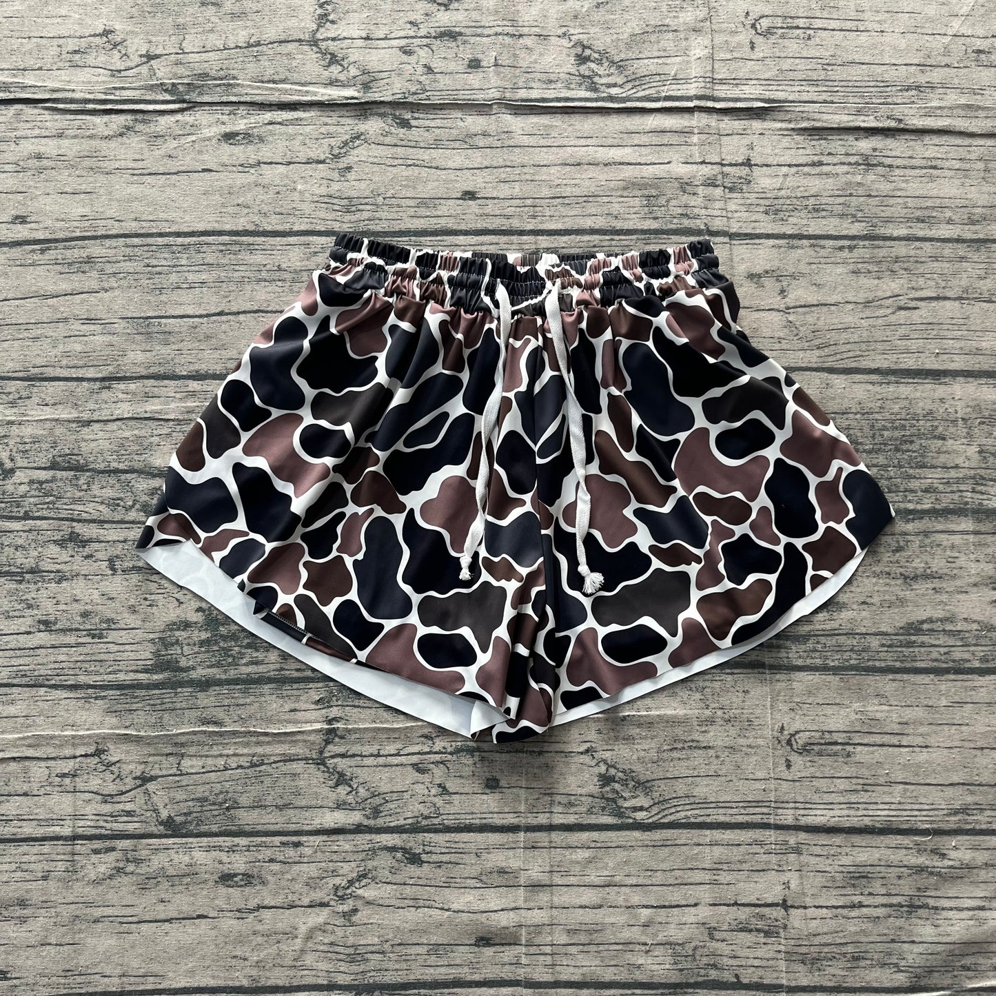 Adult Women Dark Brown Camo Yoga Active Shorts Ruffle Bottom