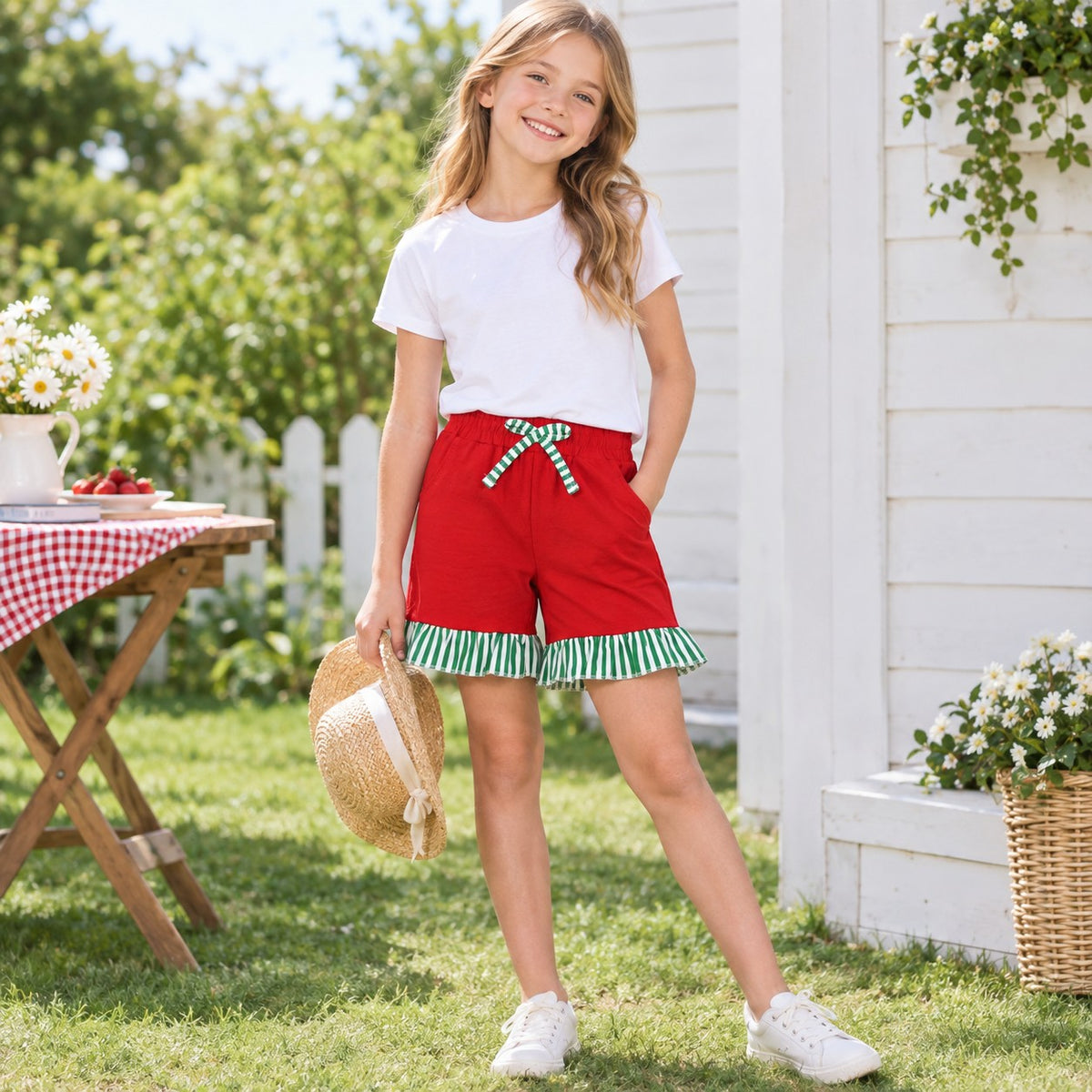 Baby Girls Red Green Stripe Bow Pockets Shorts Bottom