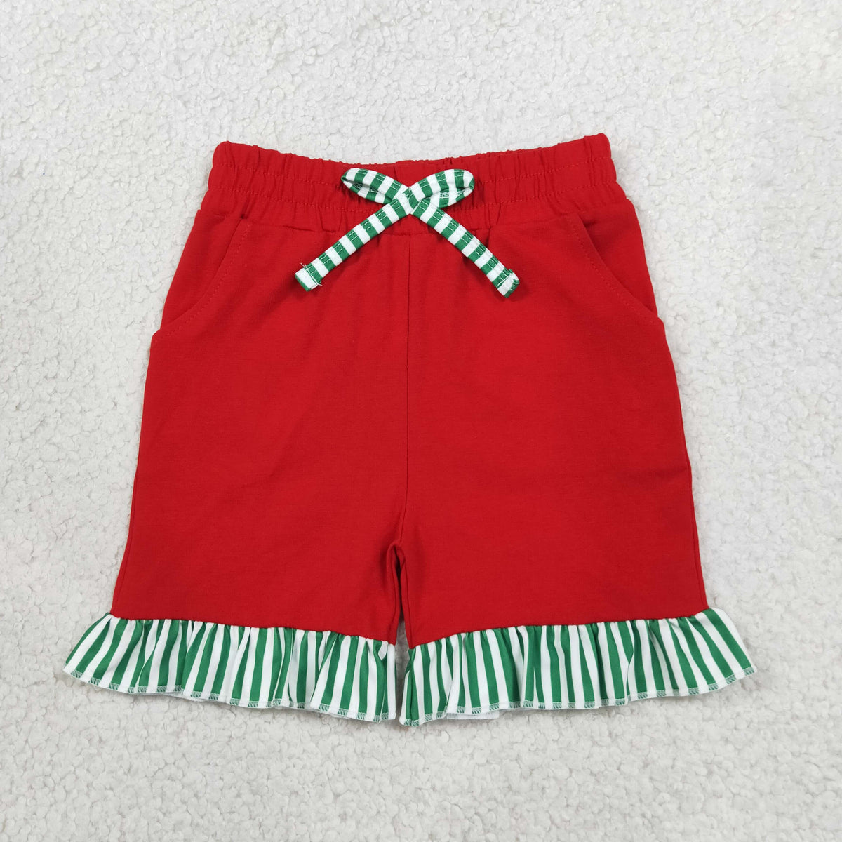 Baby Girls Red Green Stripe Bow Pockets Shorts Bottom