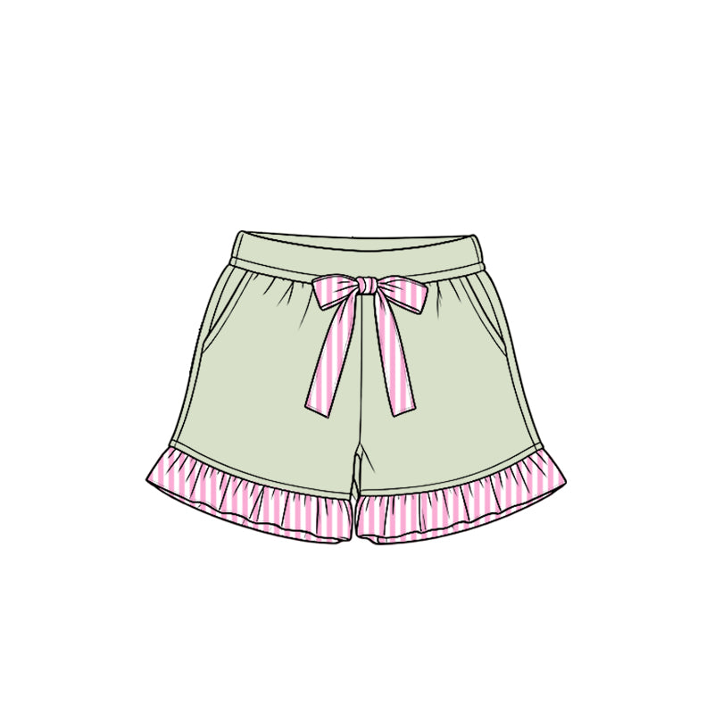 Preorder moq 5 Baby Girls Light Green Stripe Bow Pockets Shorts Bottom