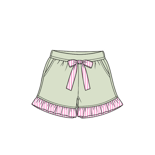 Preorder moq 5 Baby Girls Light Green Stripe Bow Pockets Shorts Bottom