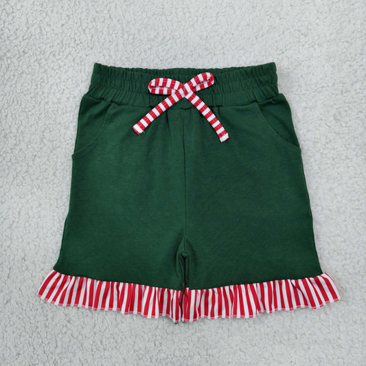 Baby Girls Green Red Stripe Bow Pockets Ruffle Shorts Bottom