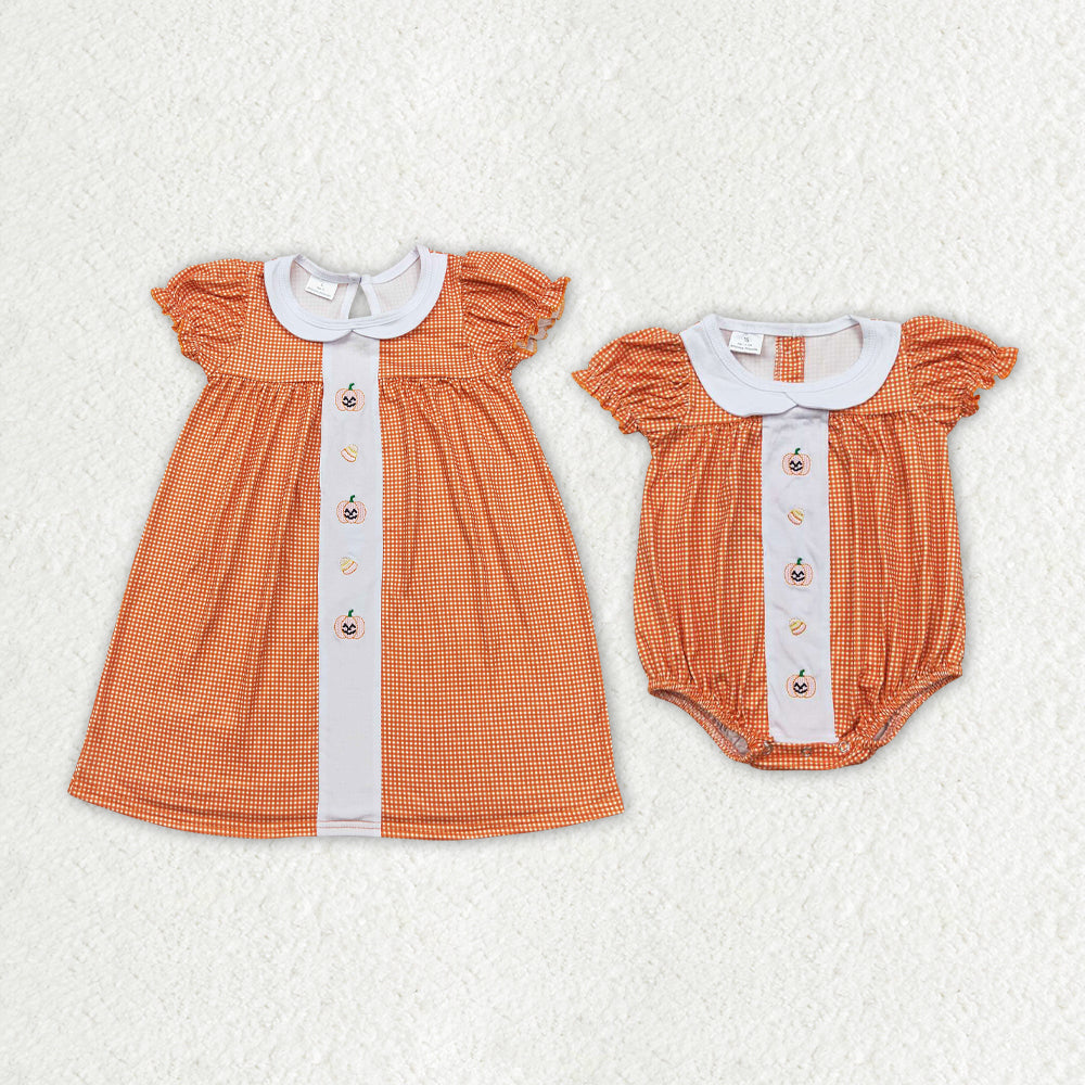 Baby Girls Pumpkin Candy Orange Checkered Sibling Rompers Dresses