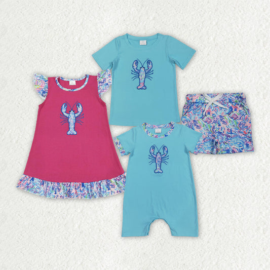 Sibling Embroidery Baby Boys Girls Floeal Crayfish Sumoer Clothes Sets Dress Rompers
