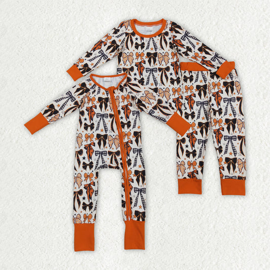 Sibling Baby Kids Orange Black Bows Stars Halloween Pajams Sets Zipper Footie Rompers
