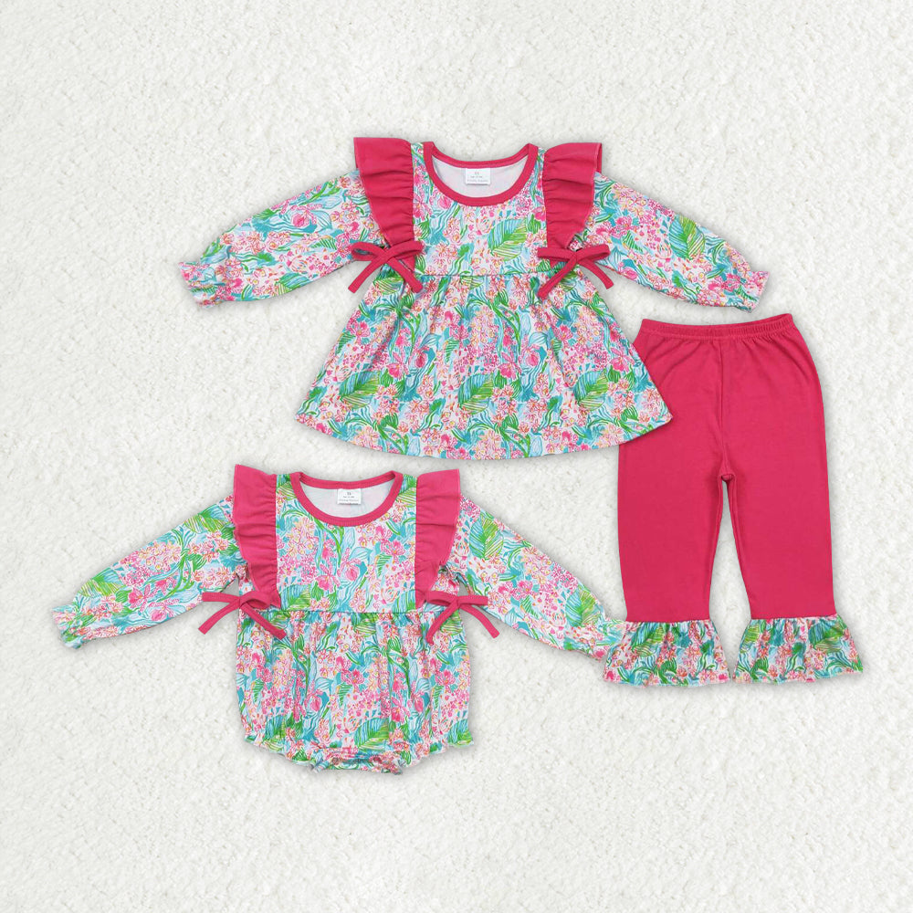 Baby Girls Dark Pink Seaweed Sibling Sister Rompers Clothes Sets