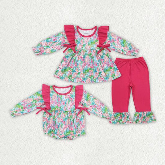 Baby Girls Dark Pink Seaweed Sibling Sister Rompers Clothes Sets