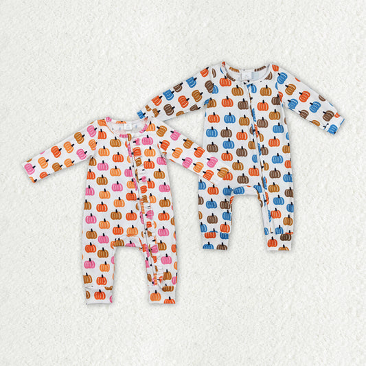 Baby Girls Boys Sibling Fall Pumpkin Long Sleeve Zip Rompers