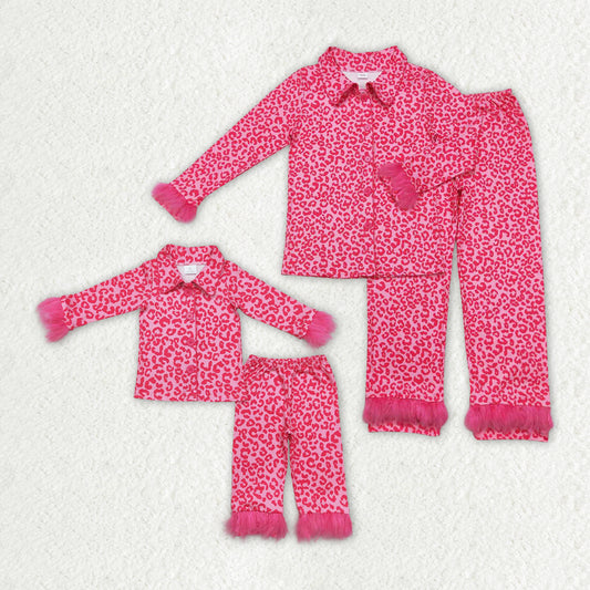 Mommy and Me Dark Pink Leopard Buttons Fur Pajamas Clothes Sets