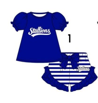 Preorder (moq 5)Baby Girls Stallions Tunic Ruffle Bow Shorts Team Clothes Sets