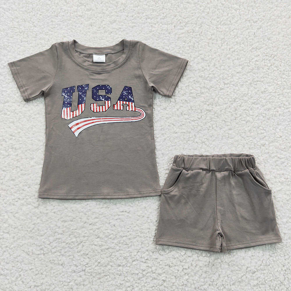 Baby Kids USA 4th of July Grey Sibling Rompers Shorts Sets