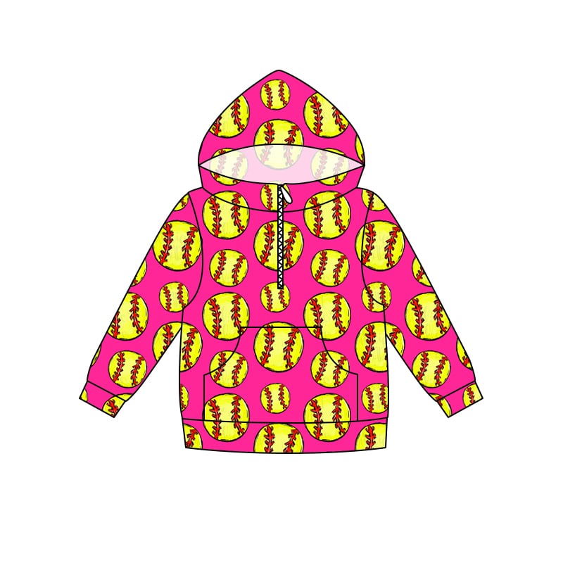 preorder(moq 5) Baby Girls Pink Softball Long Sleeve Zip Hooded Shirts