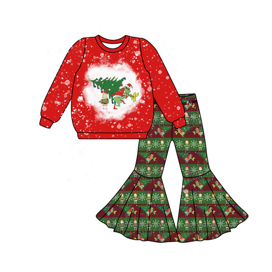 Baby Girls Christmas Tree Face Top Bell Bottom Pants Clothes Sets Preorder(moq 5)