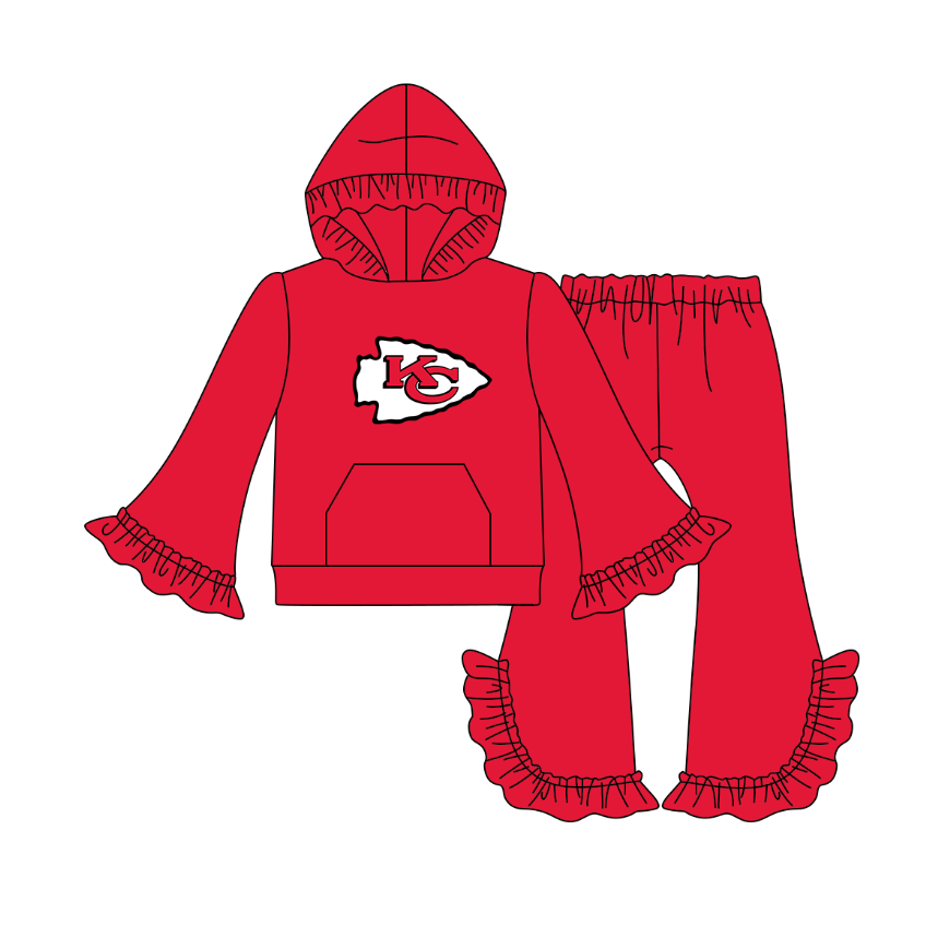 Preorder(moq 5)Baby Girls Red KC Pocket Hoodie Bell Bottom Pants Team Clothes Sets