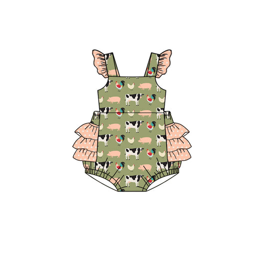 Preorder(moq 5)Baby Infant Girls Green Animals Farm Ruffles Rompers