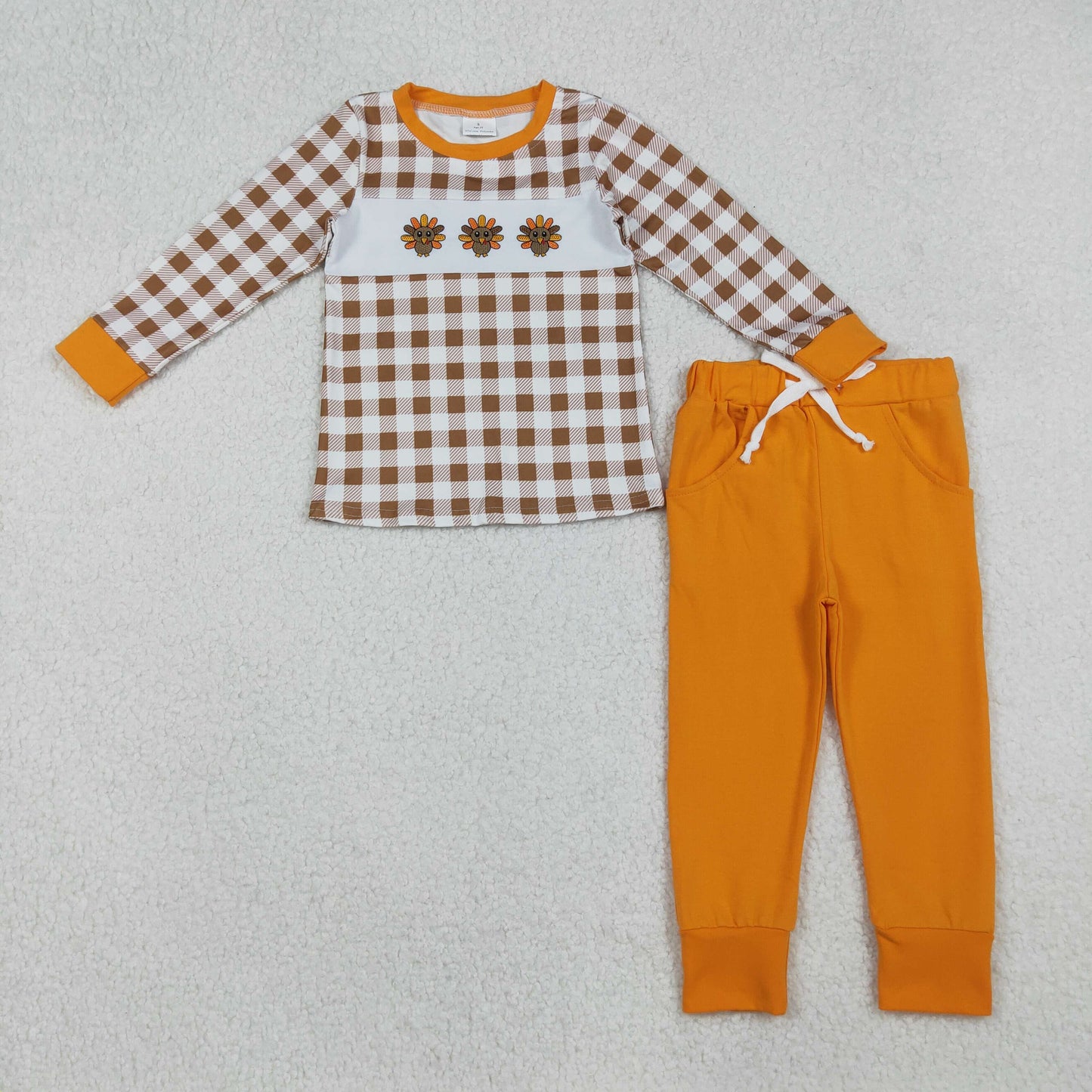Embroidery Turkey Baby Boys Checked Top Pockets Pant Thanksgiving Clothes Set