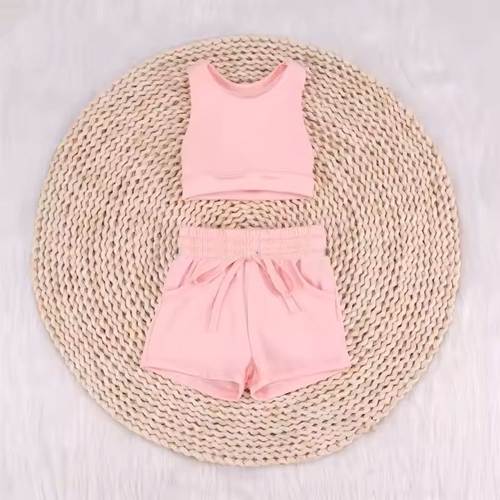 Preorder moq 5 Baby Girls Light Pink Sleeveless Vest Top Pockets Shorts Yoga Set