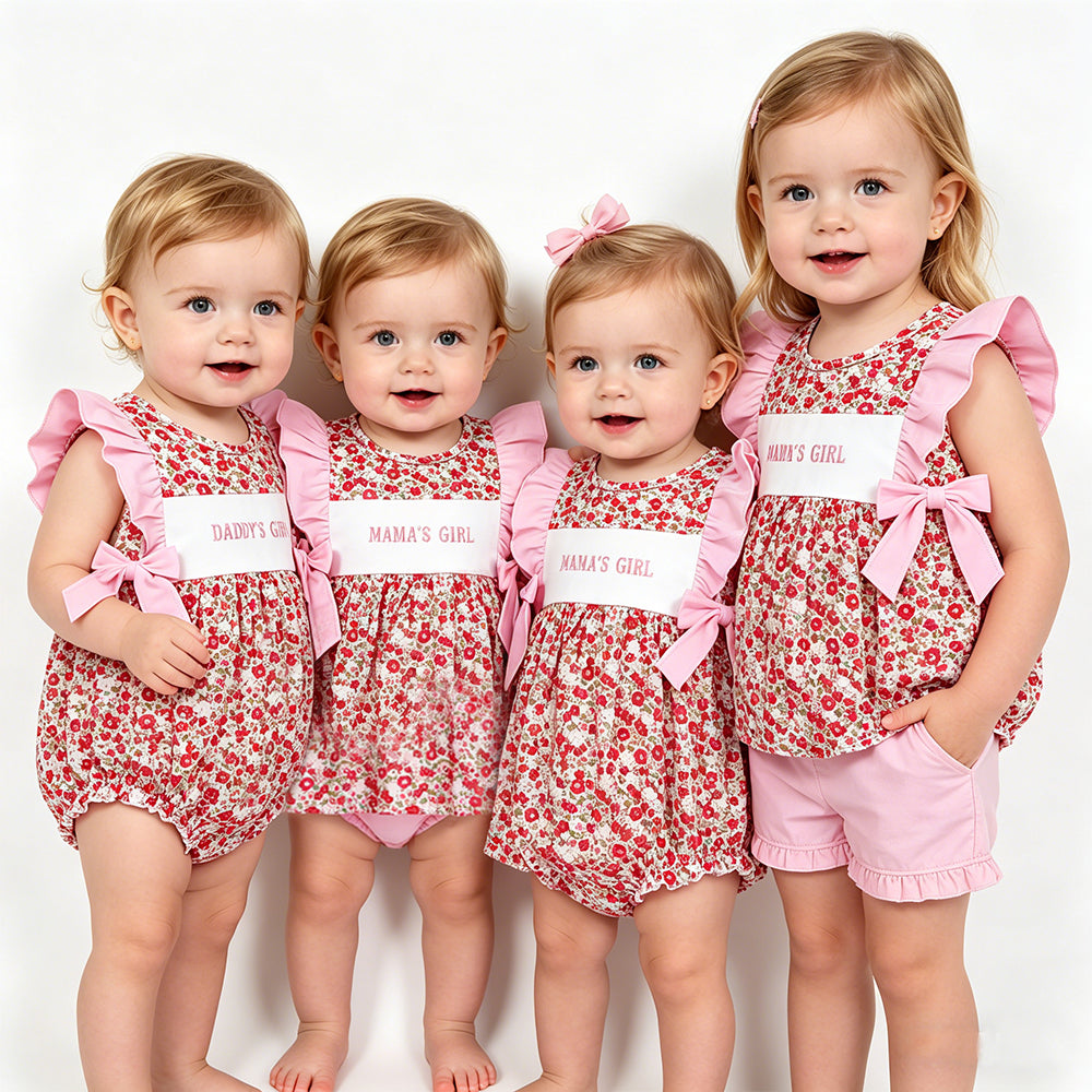 Sibling Embroidery Mama's Girl Flowers Tunic Ruffle Bummies Short Clothes Set Rompers