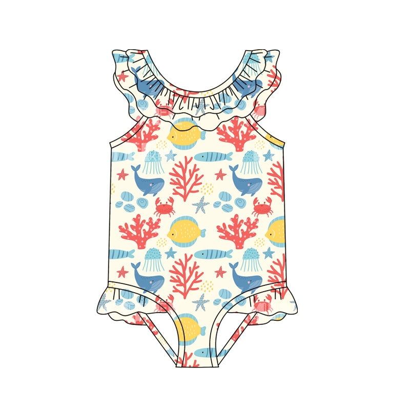 Baby Girls Beach Fishes Ruffles One Piece Swimsuits preorder(moq 5)