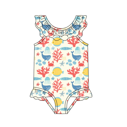 Baby Girls Beach Fishes Ruffles One Piece Swimsuits preorder(moq 5)