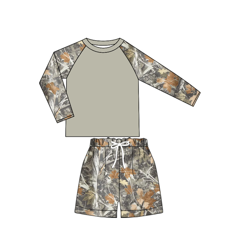 Preorder (moq 5)Baby Girls Long Sleeve Southern Leaves Camo Top Shorts Swimsuits Clothes Set