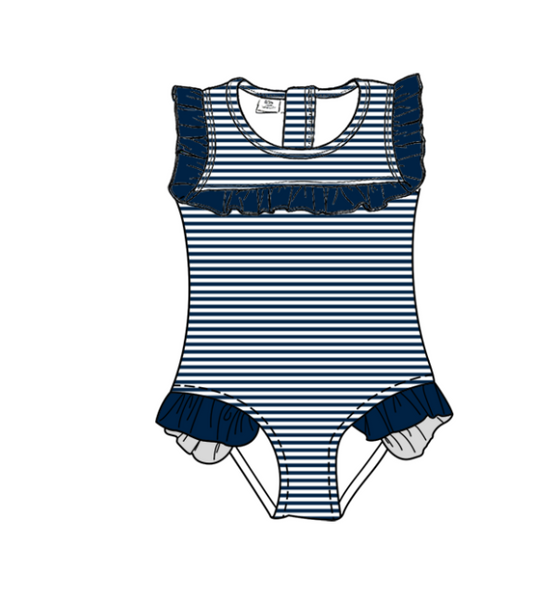 Preorder moq 5 Baby Girls Sleeveless Navy Stripe Team Swimsuits