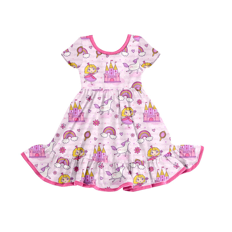 Baby Girls Princess Castle Short Sleeve Ruffle Pink Knee Length Dresses preorder(moq 5)